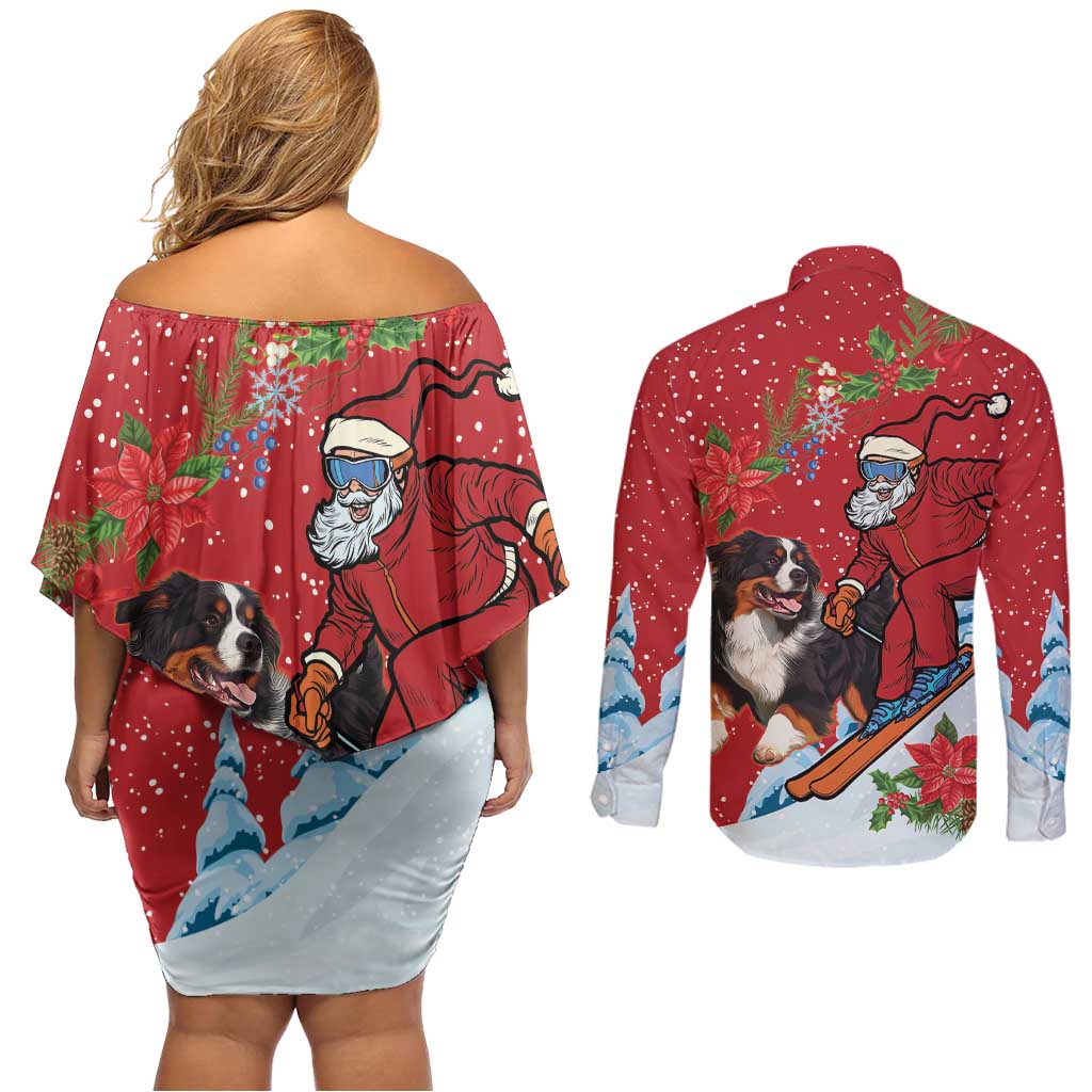 Switzerland Christmas Couples Matching Off Shoulder Short Dress and Long Sleeve Button Shirt Greater Swiss Mountain Dog Santa - Merry Xmas - Wonder Print Shop