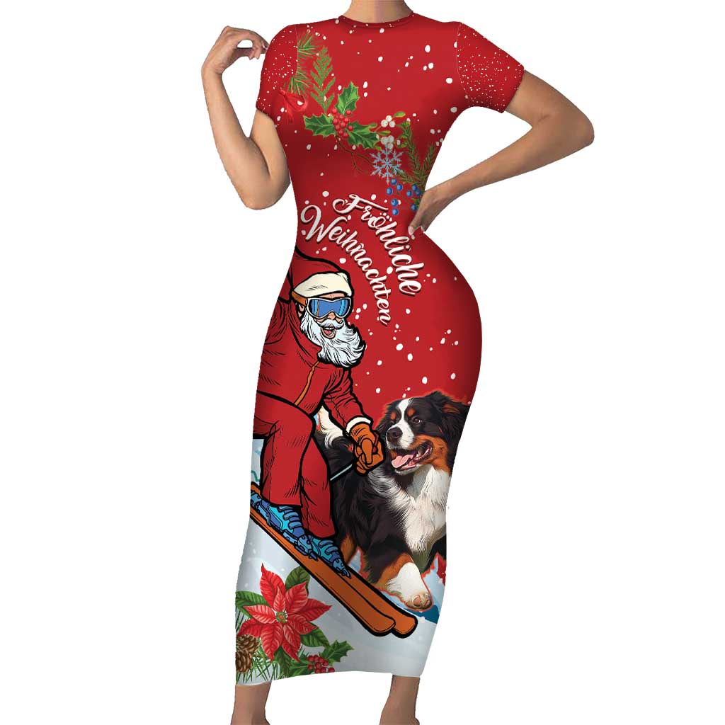 Switzerland Christmas Short Sleeve Bodycon Dress Greater Swiss Mountain Dog Santa - Merry Xmas - Wonder Print Shop