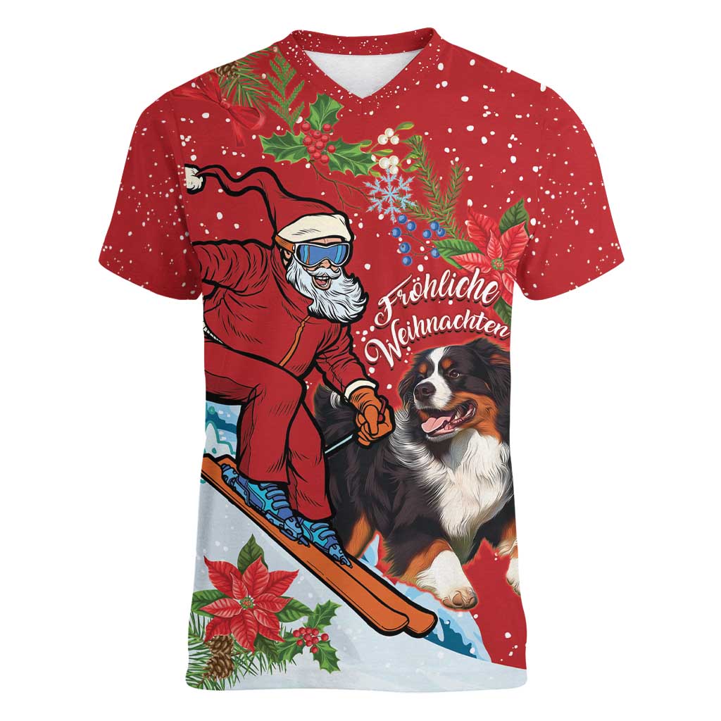 Switzerland Christmas Women V-Neck T-Shirt Greater Swiss Mountain Dog Santa - Merry Xmas - Wonder Print Shop
