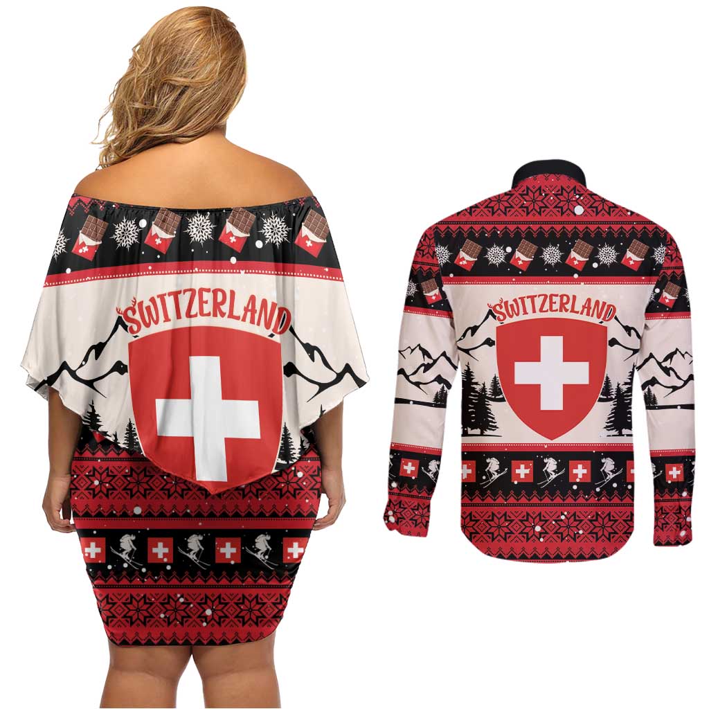 Switzerland Christmas Couples Matching Off Shoulder Short Dress and Long Sleeve Button Shirt Merry Swissmas - Coat Of Arms Style - Wonder Print Shop