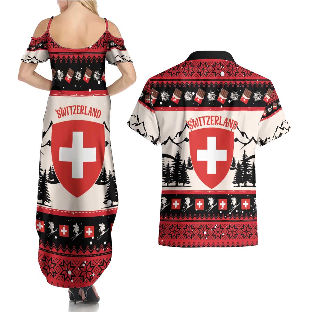 Switzerland Christmas Couples Matching Summer Maxi Dress and Hawaiian Shirt Merry Swissmas - Coat Of Arms Style - Wonder Print Shop
