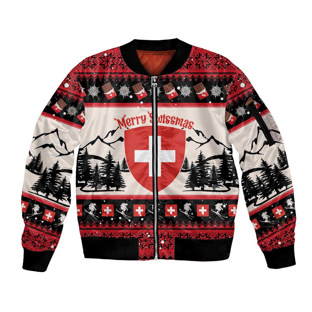 Switzerland Christmas Sleeve Zip Bomber Jacket Merry Swissmas - Coat Of Arms Style - Wonder Print Shop