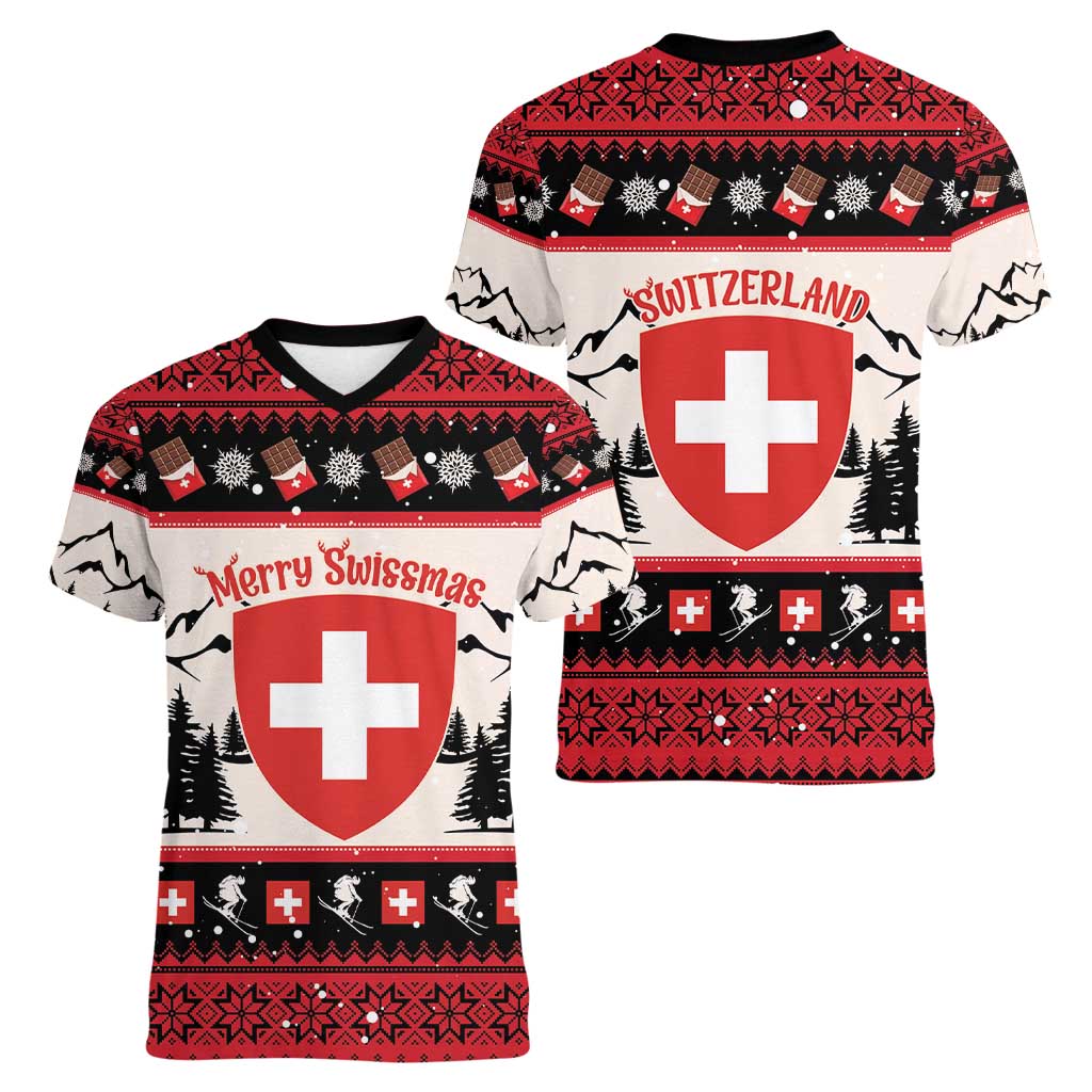 Switzerland Christmas Women V-Neck T-Shirt Merry Swissmas - Coat Of Arms Style - Wonder Print Shop