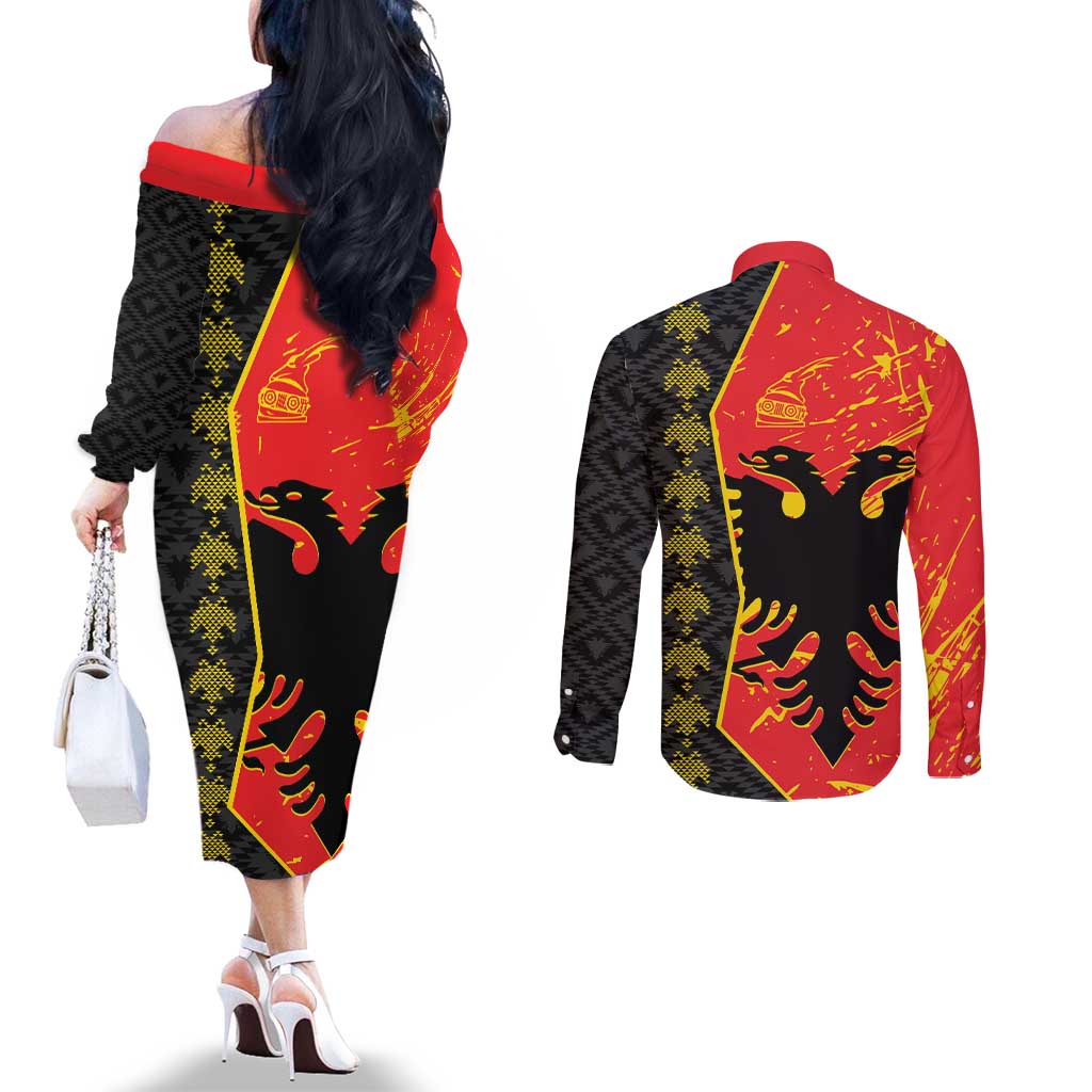 Albania Independence Day Couples Matching Off The Shoulder Long Sleeve Dress and Long Sleeve Button Shirt Albanian Proud - Flag Color