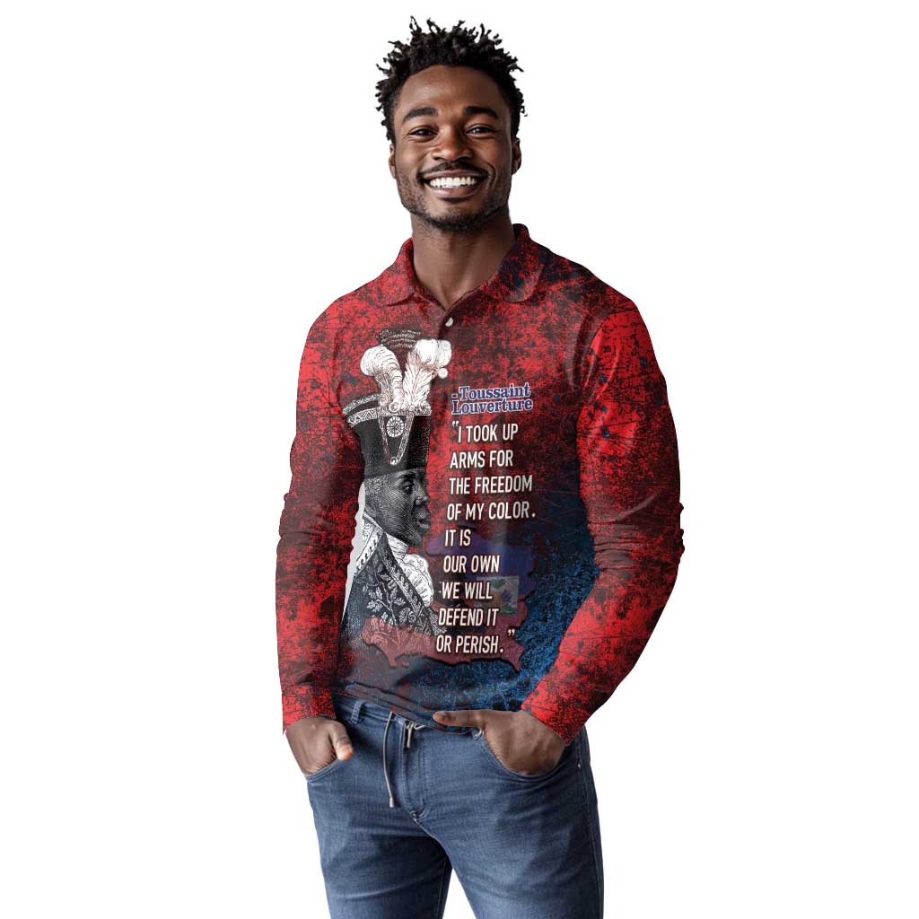 Personalized Toussaint Louverture Afro Haiti Long Sleeve Polo Shirt Haitian Father Grunge Style - Wonder Print Shop