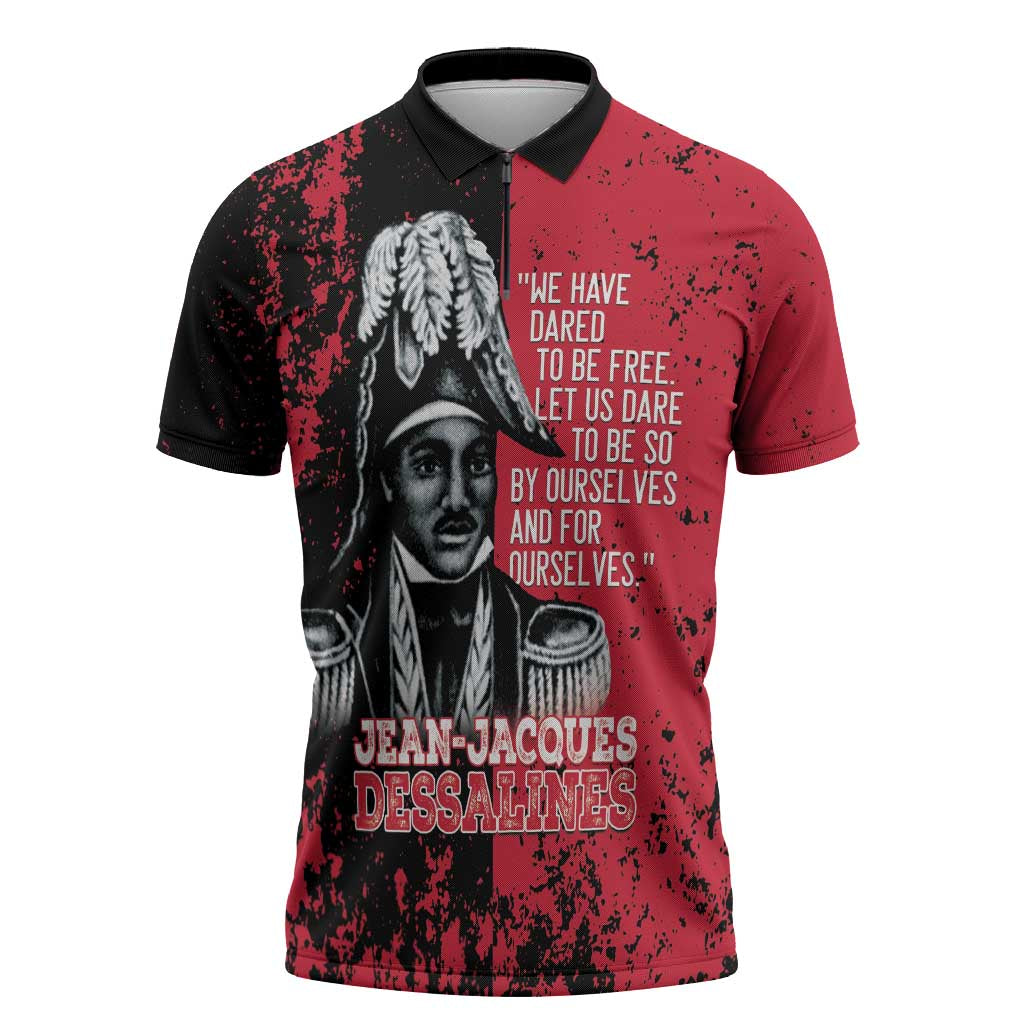 Personalized Jean-Jacques Dessalines Afro Haiti Zipper Polo Shirt Emperor Of First Empire Grunge Style - Wonder Print Shop