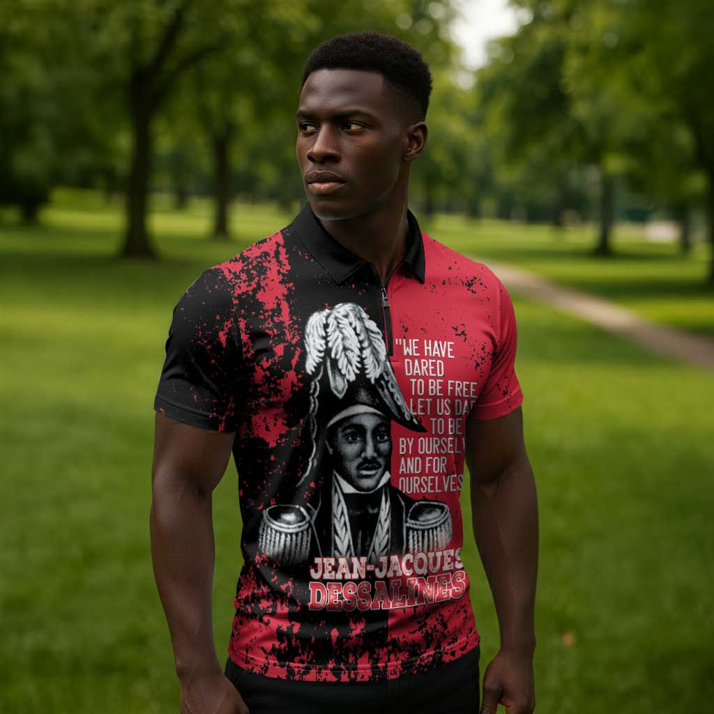 Personalized Jean-Jacques Dessalines Afro Haiti Zipper Polo Shirt Emperor Of First Empire Grunge Style - Wonder Print Shop