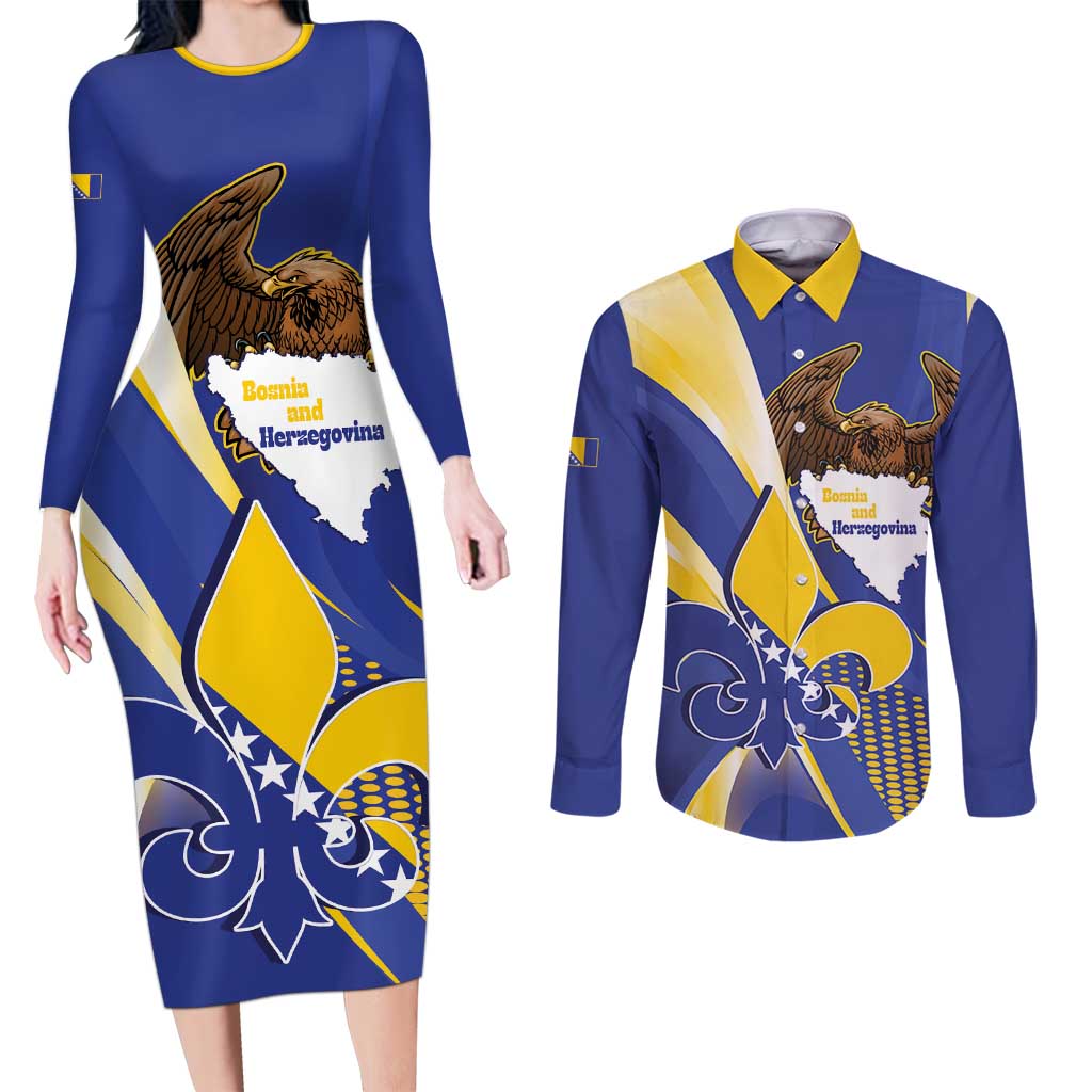 Bosnia and Herzegovina Independence Day Couples Matching Long Sleeve Bodycon Dress and Long Sleeve Button Shirt Zlatni Ljiljan Map With Eagle Proud