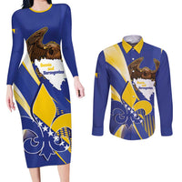 Bosnia and Herzegovina Independence Day Couples Matching Long Sleeve Bodycon Dress and Long Sleeve Button Shirt Zlatni Ljiljan Map With Eagle Proud