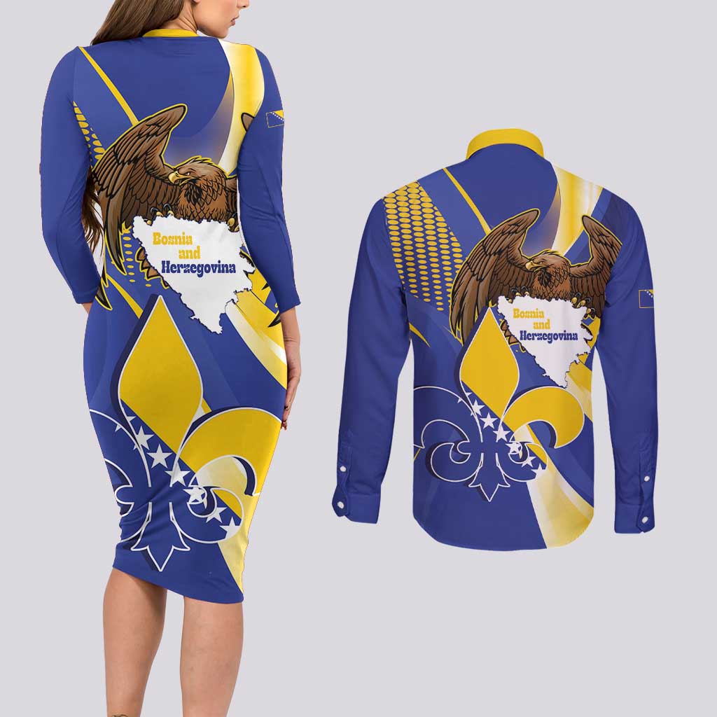Bosnia and Herzegovina Independence Day Couples Matching Long Sleeve Bodycon Dress and Long Sleeve Button Shirt Zlatni Ljiljan Map With Eagle Proud