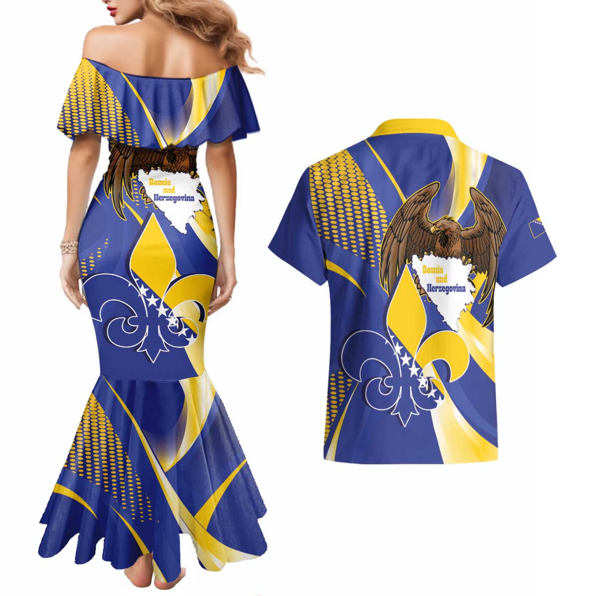 Bosnia and Herzegovina Independence Day Couples Matching Mermaid Dress and Hawaiian Shirt Zlatni Ljiljan Map With Eagle Proud