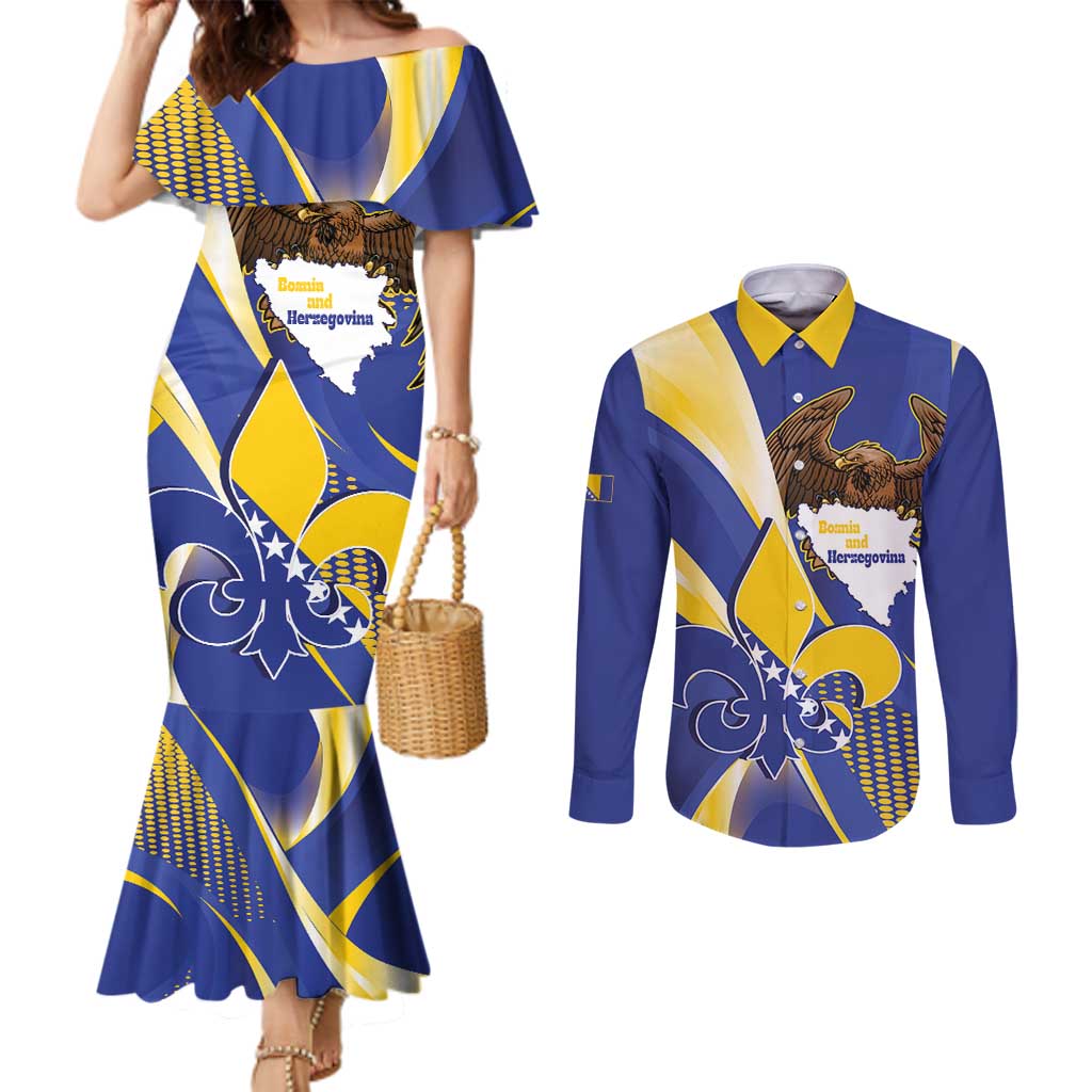 Bosnia and Herzegovina Independence Day Couples Matching Mermaid Dress and Long Sleeve Button Shirt Zlatni Ljiljan Map With Eagle Proud