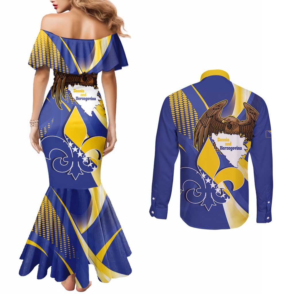 Bosnia and Herzegovina Independence Day Couples Matching Mermaid Dress and Long Sleeve Button Shirt Zlatni Ljiljan Map With Eagle Proud