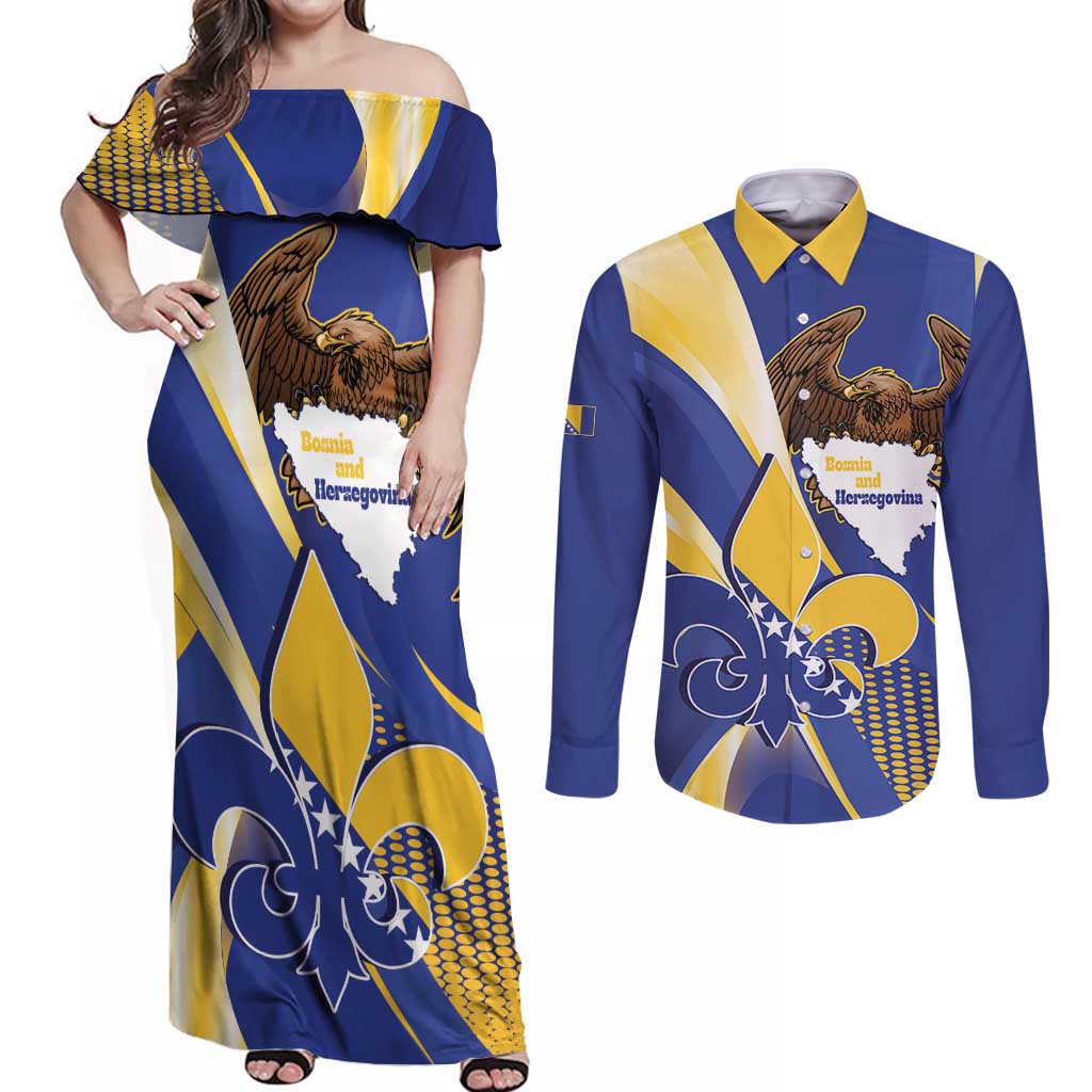 Bosnia and Herzegovina Independence Day Couples Matching Off Shoulder Maxi Dress and Long Sleeve Button Shirt Zlatni Ljiljan Map With Eagle Proud