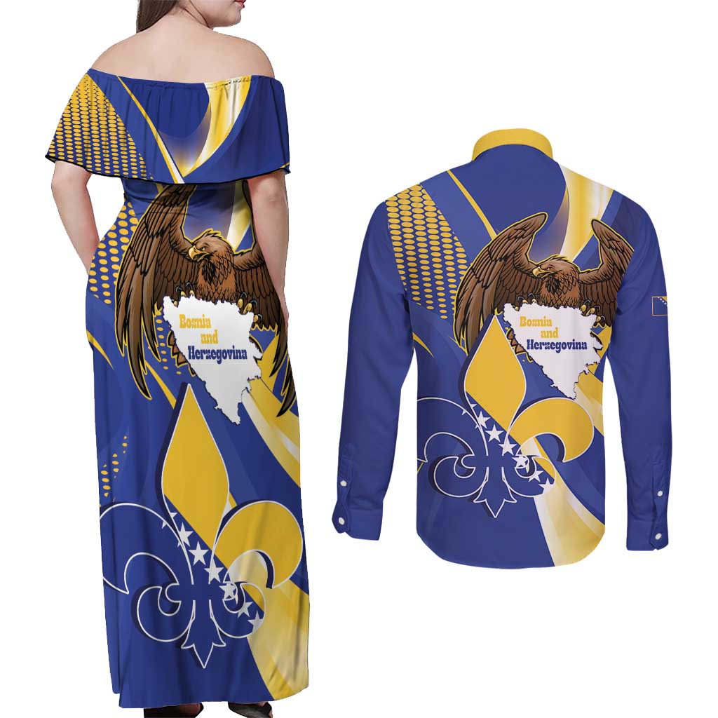 Bosnia and Herzegovina Independence Day Couples Matching Off Shoulder Maxi Dress and Long Sleeve Button Shirt Zlatni Ljiljan Map With Eagle Proud