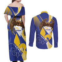 Bosnia and Herzegovina Independence Day Couples Matching Off Shoulder Maxi Dress and Long Sleeve Button Shirt Zlatni Ljiljan Map With Eagle Proud
