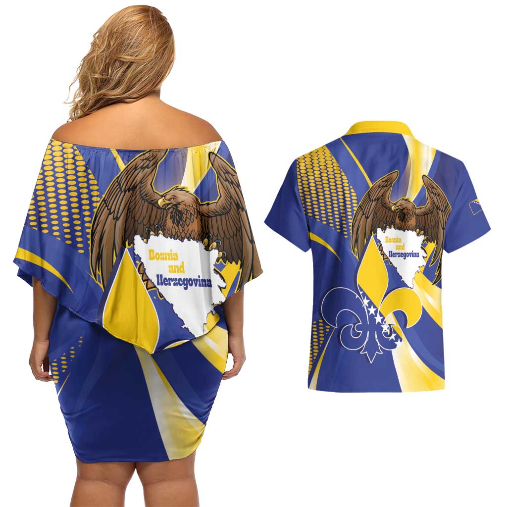 Bosnia and Herzegovina Independence Day Couples Matching Off Shoulder Short Dress and Hawaiian Shirt Zlatni Ljiljan Map With Eagle Proud