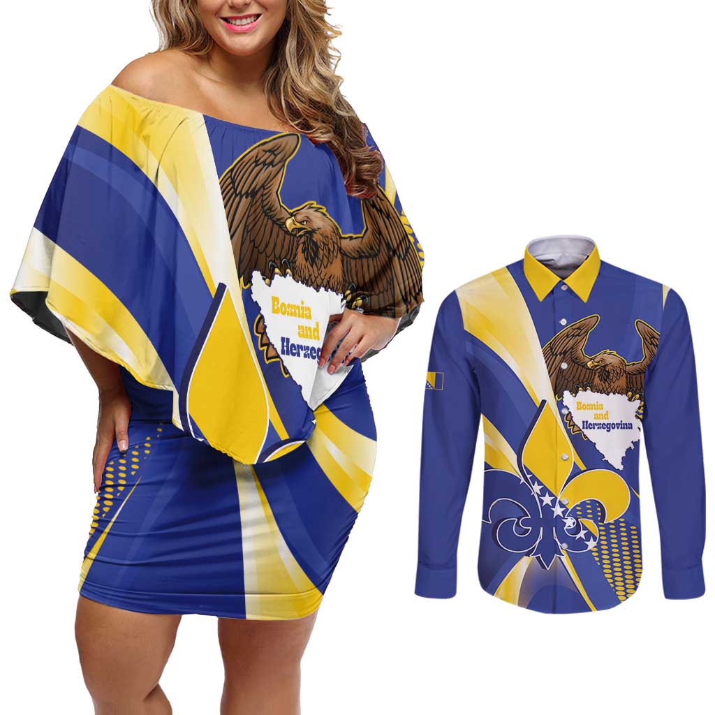 Bosnia and Herzegovina Independence Day Couples Matching Off Shoulder Short Dress and Long Sleeve Button Shirt Zlatni Ljiljan Map With Eagle Proud