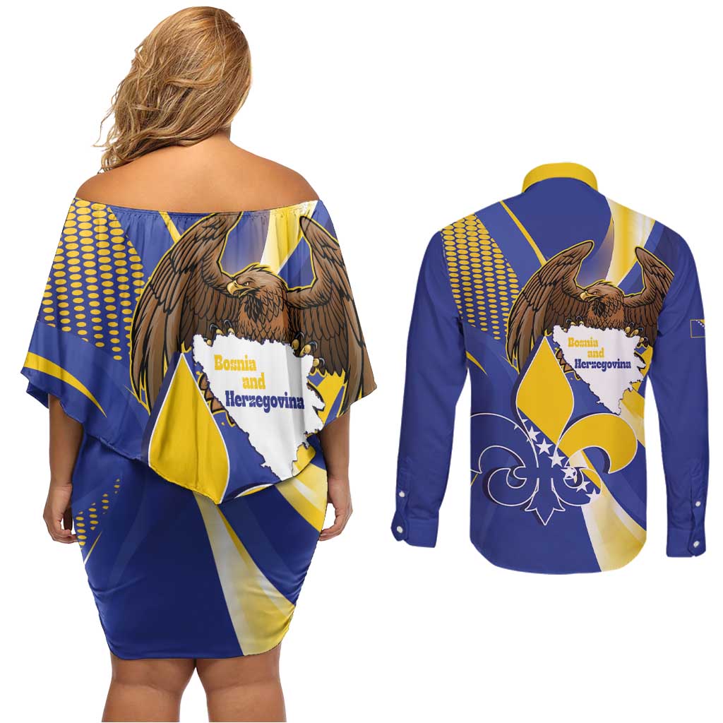 Bosnia and Herzegovina Independence Day Couples Matching Off Shoulder Short Dress and Long Sleeve Button Shirt Zlatni Ljiljan Map With Eagle Proud