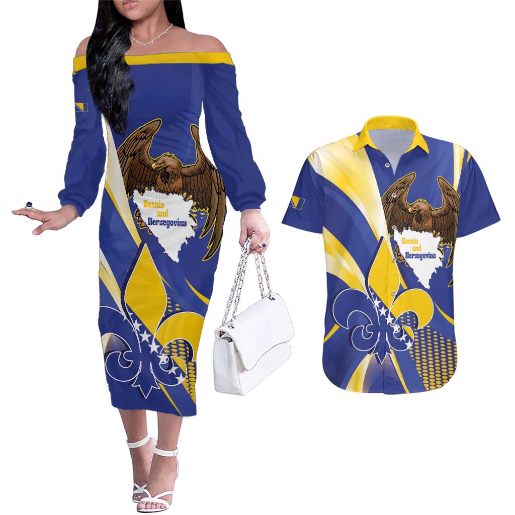 Bosnia and Herzegovina Independence Day Couples Matching Off The Shoulder Long Sleeve Dress and Hawaiian Shirt Zlatni Ljiljan Map With Eagle Proud