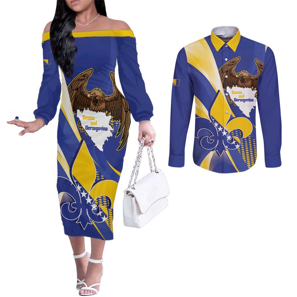 Bosnia and Herzegovina Independence Day Couples Matching Off The Shoulder Long Sleeve Dress and Long Sleeve Button Shirt Zlatni Ljiljan Map With Eagle Proud