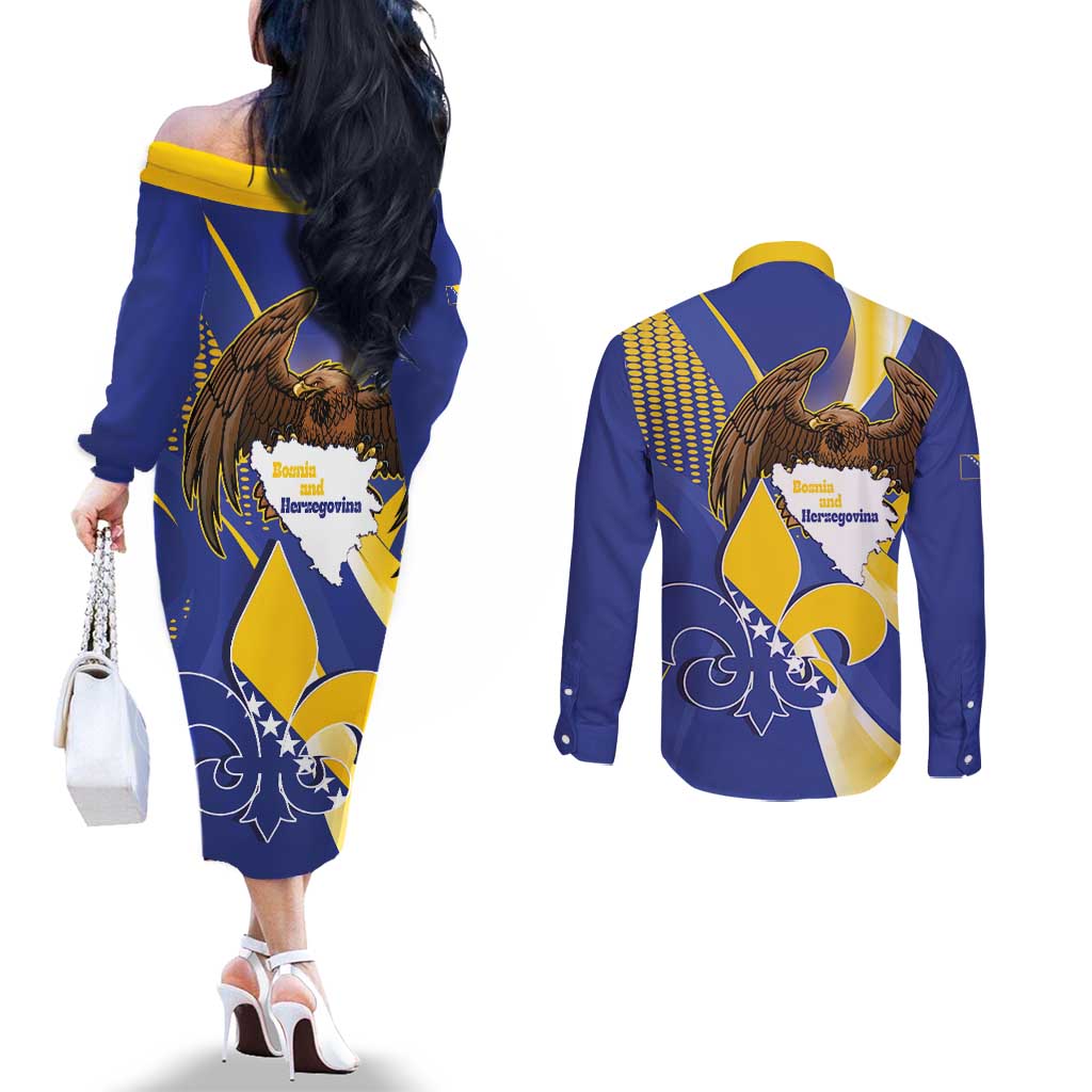 Bosnia and Herzegovina Independence Day Couples Matching Off The Shoulder Long Sleeve Dress and Long Sleeve Button Shirt Zlatni Ljiljan Map With Eagle Proud