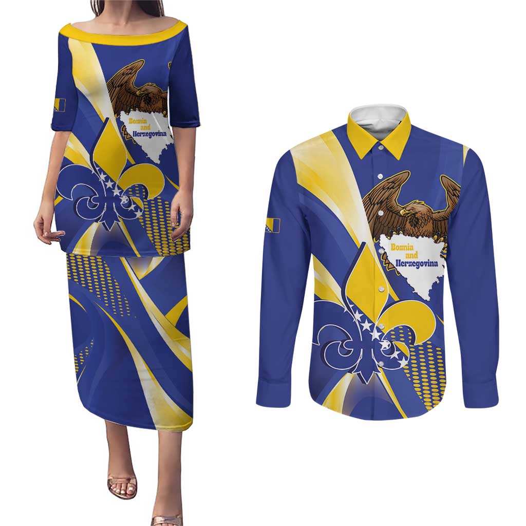 Bosnia and Herzegovina Independence Day Couples Matching Puletasi and Long Sleeve Button Shirt Zlatni Ljiljan Map With Eagle Proud
