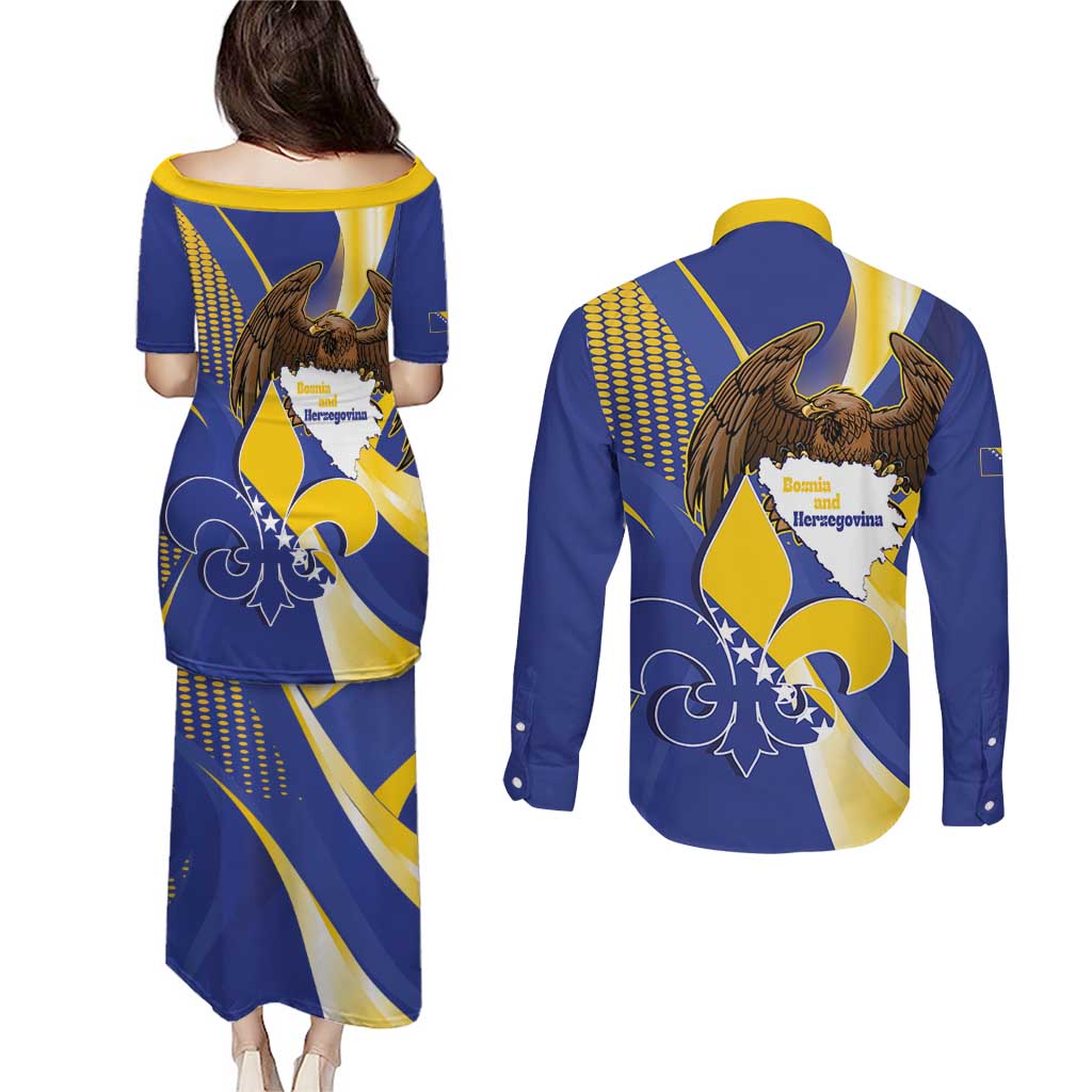 Bosnia and Herzegovina Independence Day Couples Matching Puletasi and Long Sleeve Button Shirt Zlatni Ljiljan Map With Eagle Proud