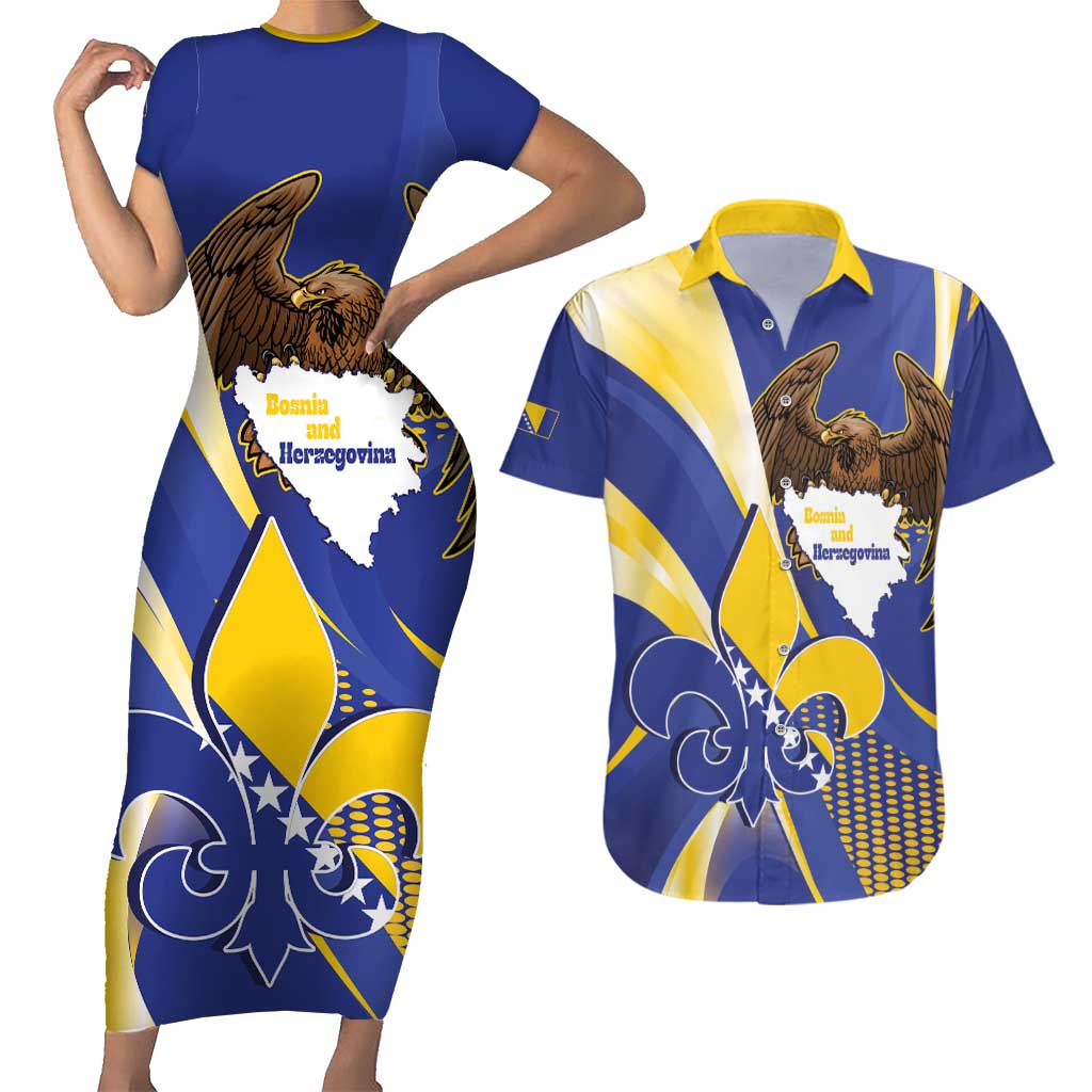Bosnia and Herzegovina Independence Day Couples Matching Short Sleeve Bodycon Dress and Hawaiian Shirt Zlatni Ljiljan Map With Eagle Proud
