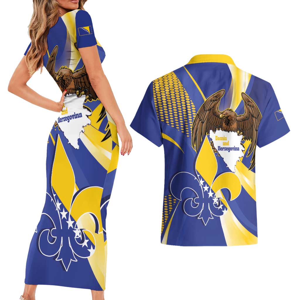 Bosnia and Herzegovina Independence Day Couples Matching Short Sleeve Bodycon Dress and Hawaiian Shirt Zlatni Ljiljan Map With Eagle Proud