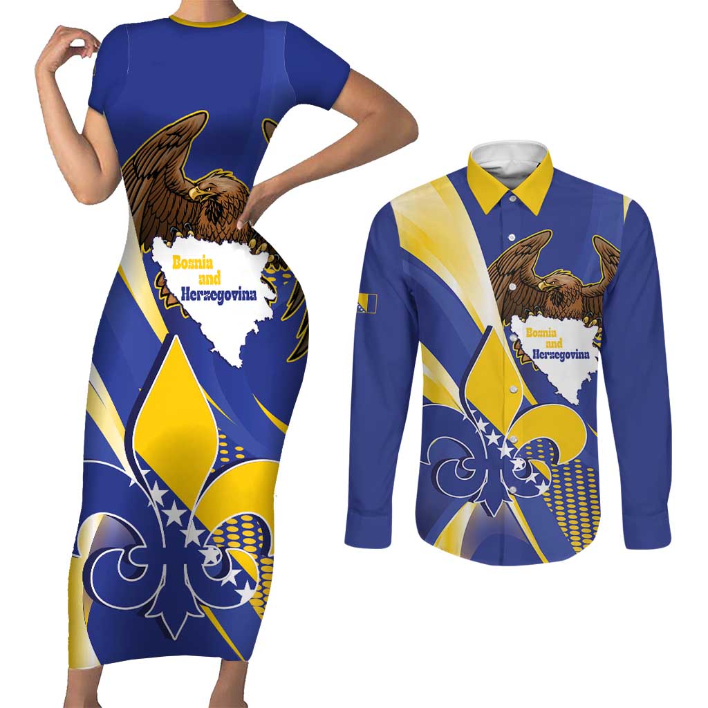 Bosnia and Herzegovina Independence Day Couples Matching Short Sleeve Bodycon Dress and Long Sleeve Button Shirt Zlatni Ljiljan Map With Eagle Proud