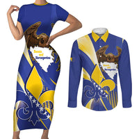 Bosnia and Herzegovina Independence Day Couples Matching Short Sleeve Bodycon Dress and Long Sleeve Button Shirt Zlatni Ljiljan Map With Eagle Proud