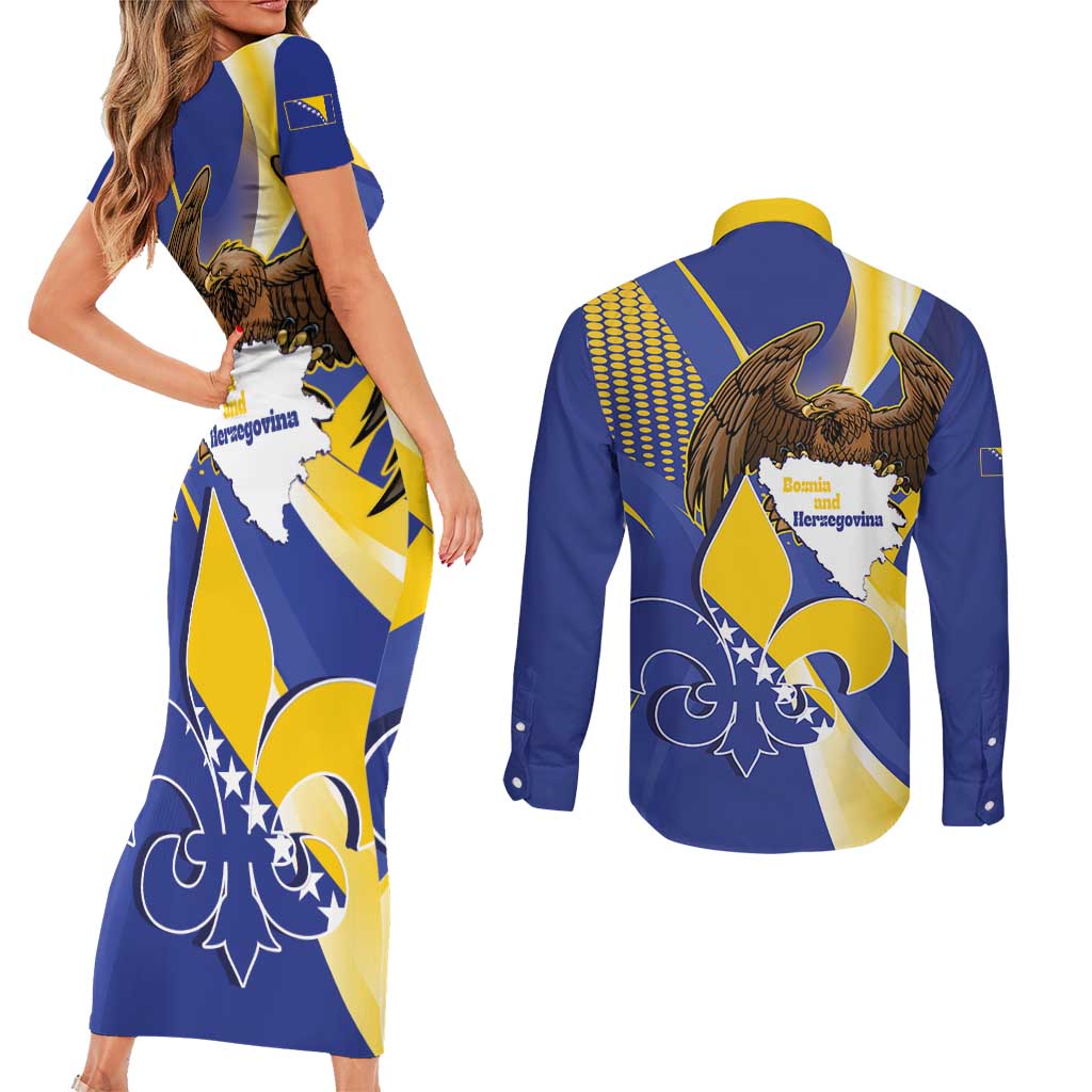 Bosnia and Herzegovina Independence Day Couples Matching Short Sleeve Bodycon Dress and Long Sleeve Button Shirt Zlatni Ljiljan Map With Eagle Proud