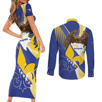 Bosnia and Herzegovina Independence Day Couples Matching Short Sleeve Bodycon Dress and Long Sleeve Button Shirt Zlatni Ljiljan Map With Eagle Proud