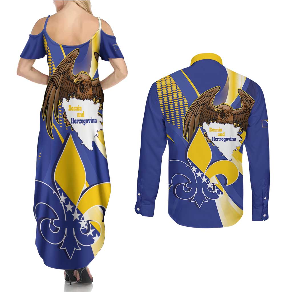Bosnia and Herzegovina Independence Day Couples Matching Summer Maxi Dress and Long Sleeve Button Shirt Zlatni Ljiljan Map With Eagle Proud