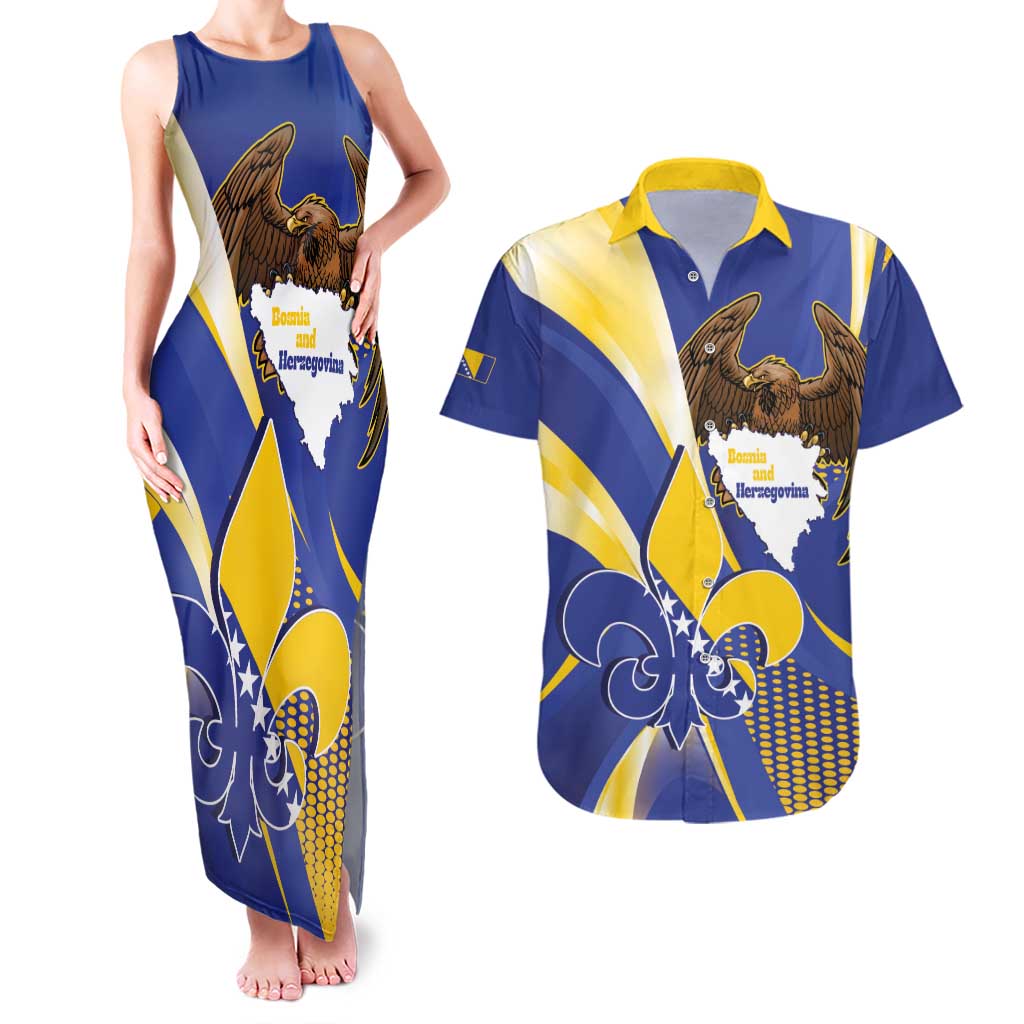 Bosnia and Herzegovina Independence Day Couples Matching Tank Maxi Dress and Hawaiian Shirt Zlatni Ljiljan Map With Eagle Proud
