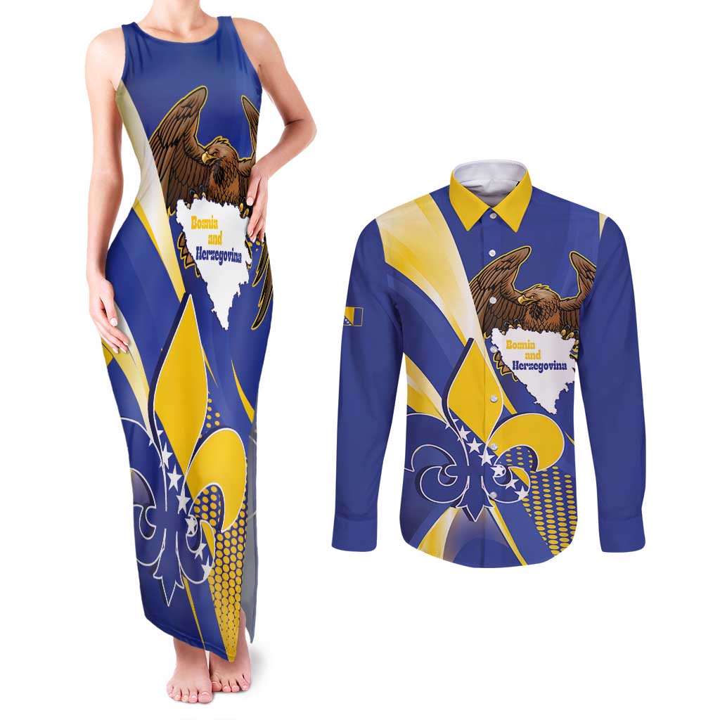 Bosnia and Herzegovina Independence Day Couples Matching Tank Maxi Dress and Long Sleeve Button Shirt Zlatni Ljiljan Map With Eagle Proud