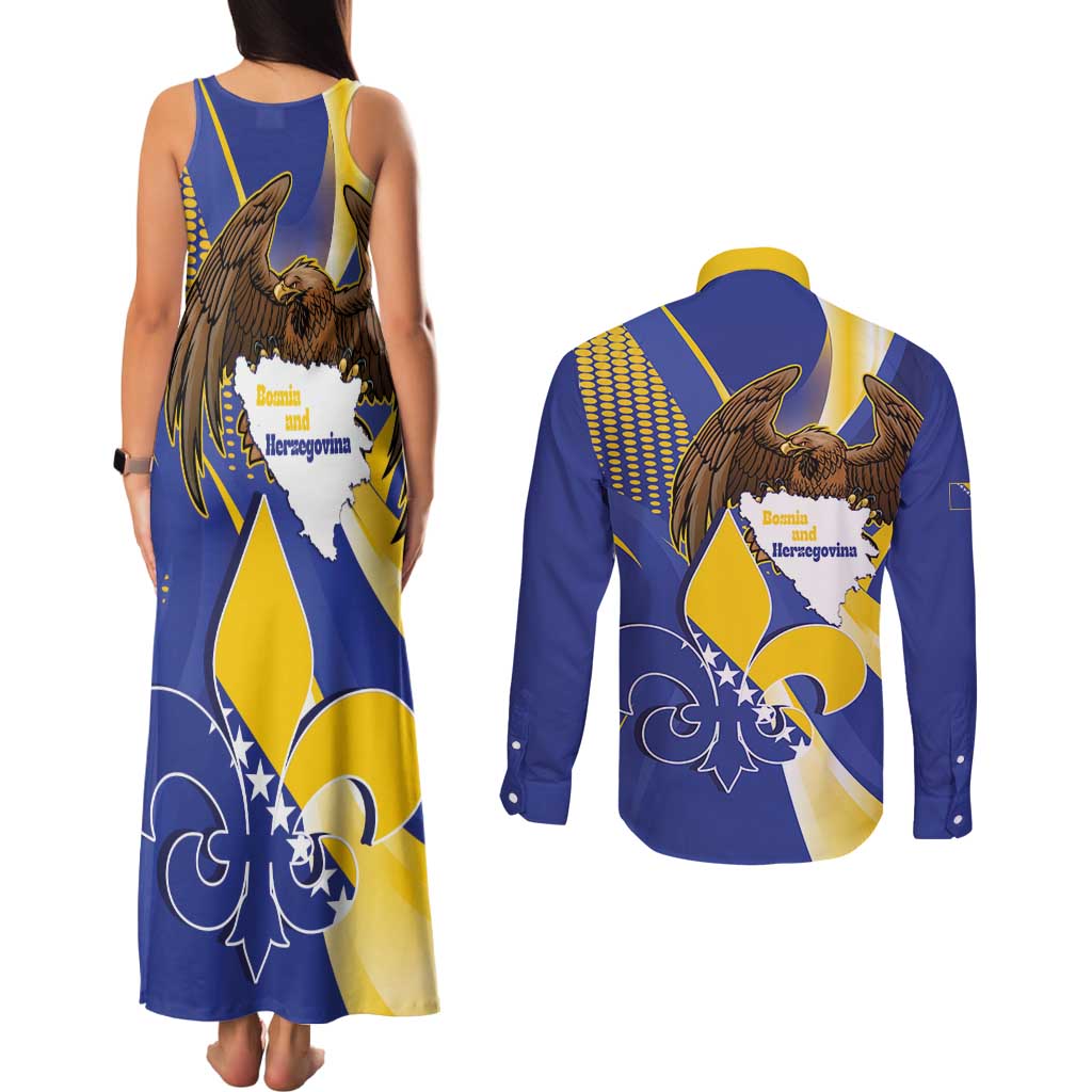 Bosnia and Herzegovina Independence Day Couples Matching Tank Maxi Dress and Long Sleeve Button Shirt Zlatni Ljiljan Map With Eagle Proud