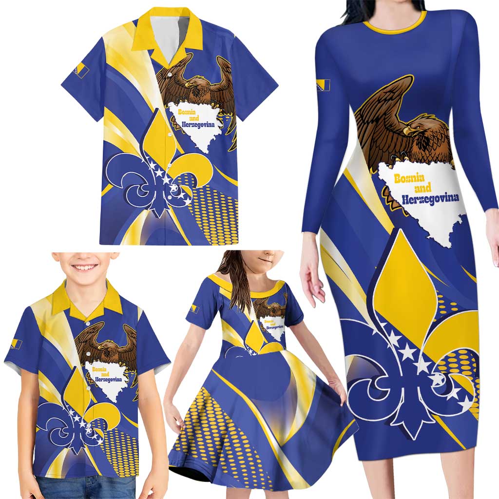 Bosnia and Herzegovina Independence Day Family Matching Long Sleeve Bodycon Dress and Hawaiian Shirt Zlatni Ljiljan Map With Eagle Proud