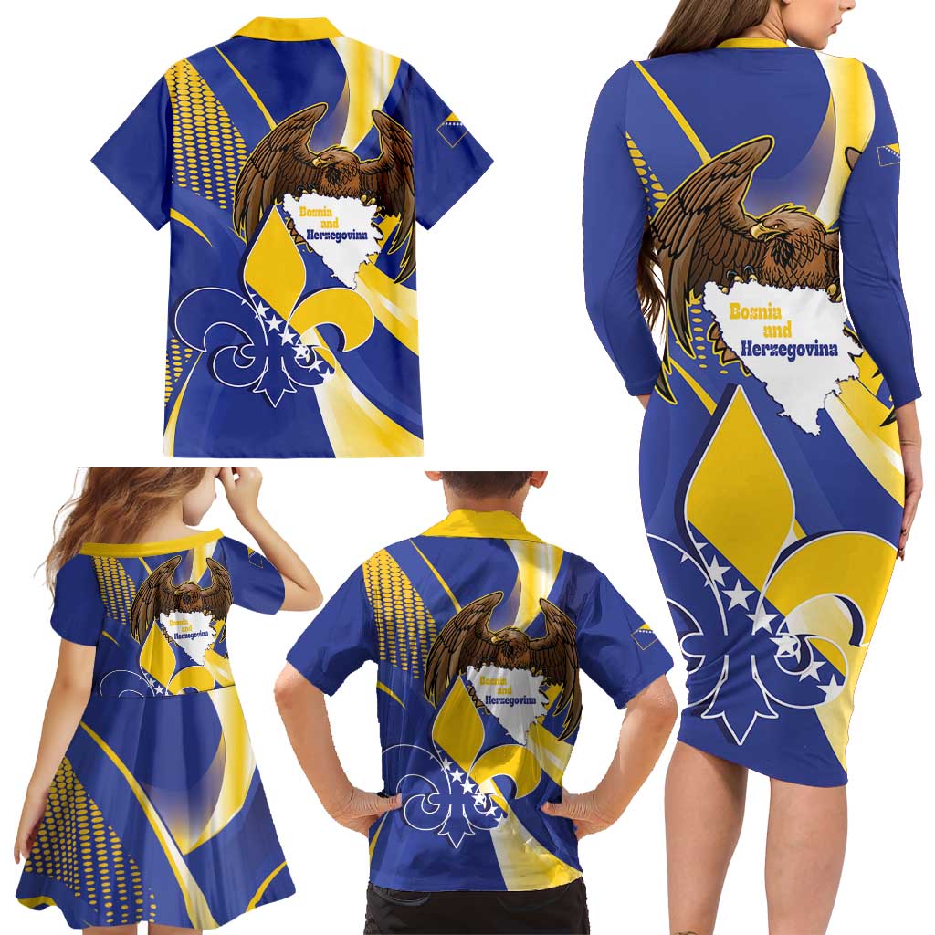 Bosnia and Herzegovina Independence Day Family Matching Long Sleeve Bodycon Dress and Hawaiian Shirt Zlatni Ljiljan Map With Eagle Proud