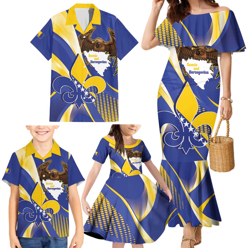 Bosnia and Herzegovina Independence Day Family Matching Mermaid Dress and Hawaiian Shirt Zlatni Ljiljan Map With Eagle Proud