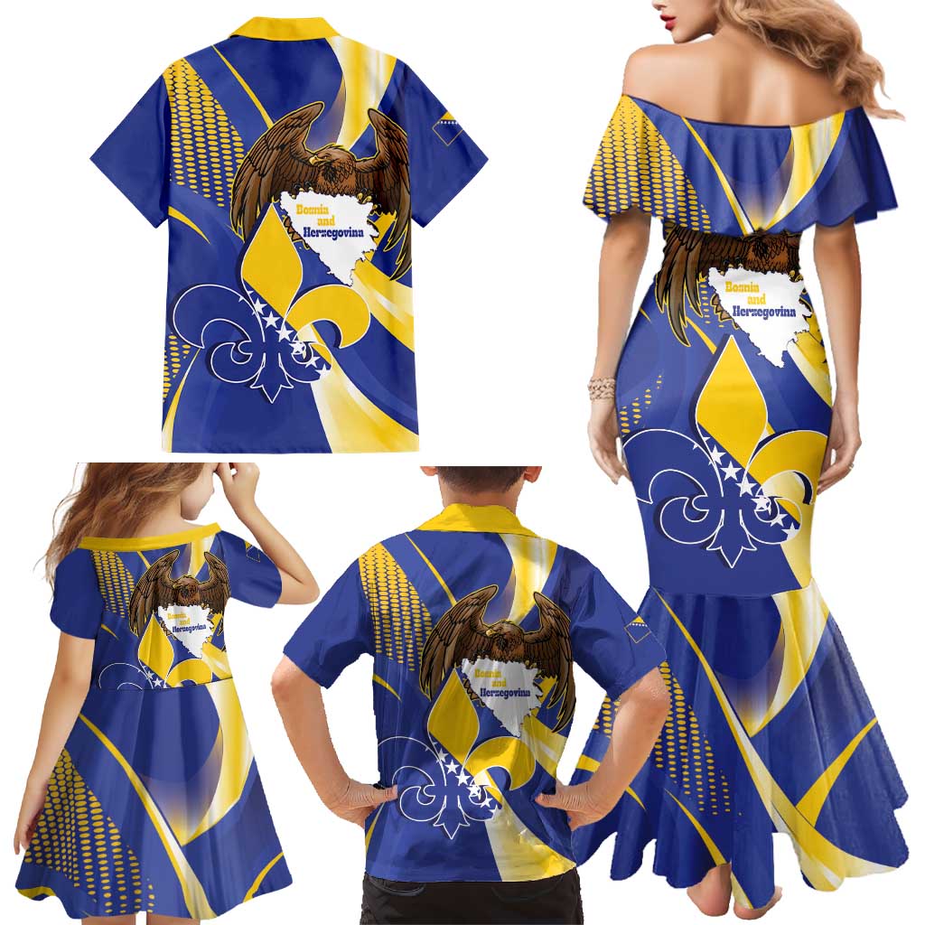 Bosnia and Herzegovina Independence Day Family Matching Mermaid Dress and Hawaiian Shirt Zlatni Ljiljan Map With Eagle Proud