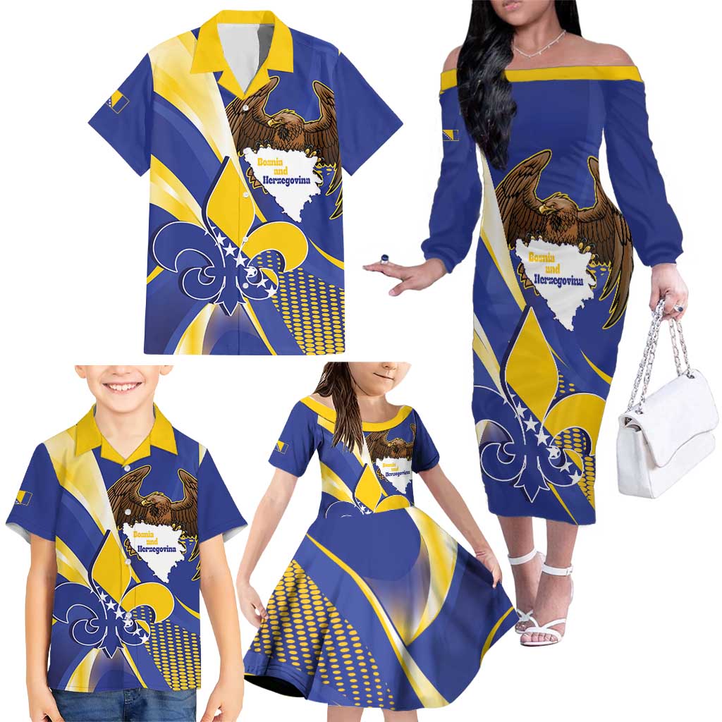Bosnia and Herzegovina Independence Day Family Matching Off The Shoulder Long Sleeve Dress and Hawaiian Shirt Zlatni Ljiljan Map With Eagle Proud