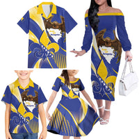 Bosnia and Herzegovina Independence Day Family Matching Off The Shoulder Long Sleeve Dress and Hawaiian Shirt Zlatni Ljiljan Map With Eagle Proud