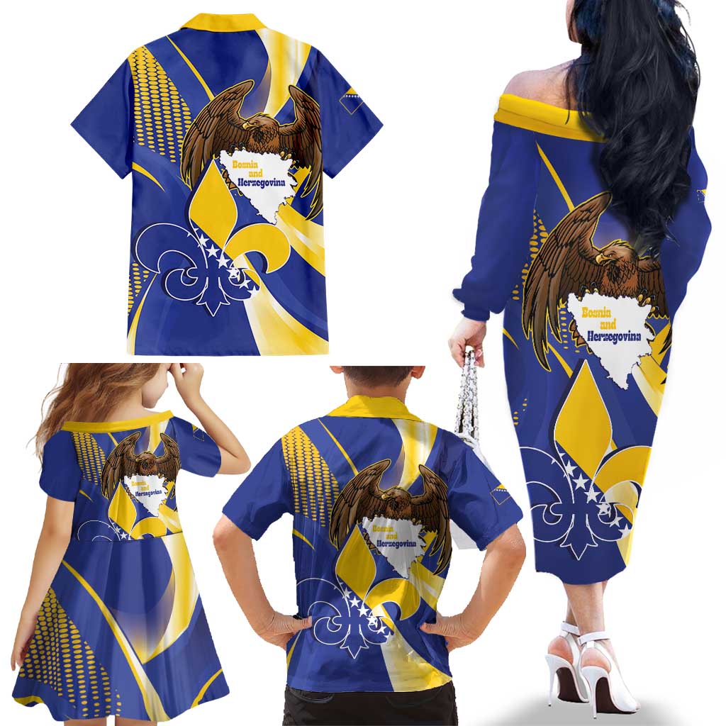 Bosnia and Herzegovina Independence Day Family Matching Off The Shoulder Long Sleeve Dress and Hawaiian Shirt Zlatni Ljiljan Map With Eagle Proud