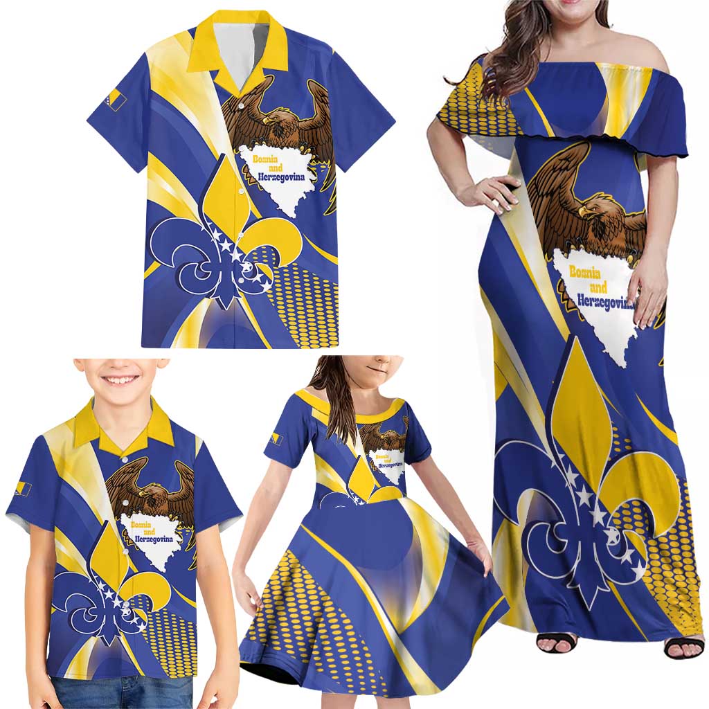 Bosnia and Herzegovina Independence Day Family Matching Off Shoulder Maxi Dress and Hawaiian Shirt Zlatni Ljiljan Map With Eagle Proud