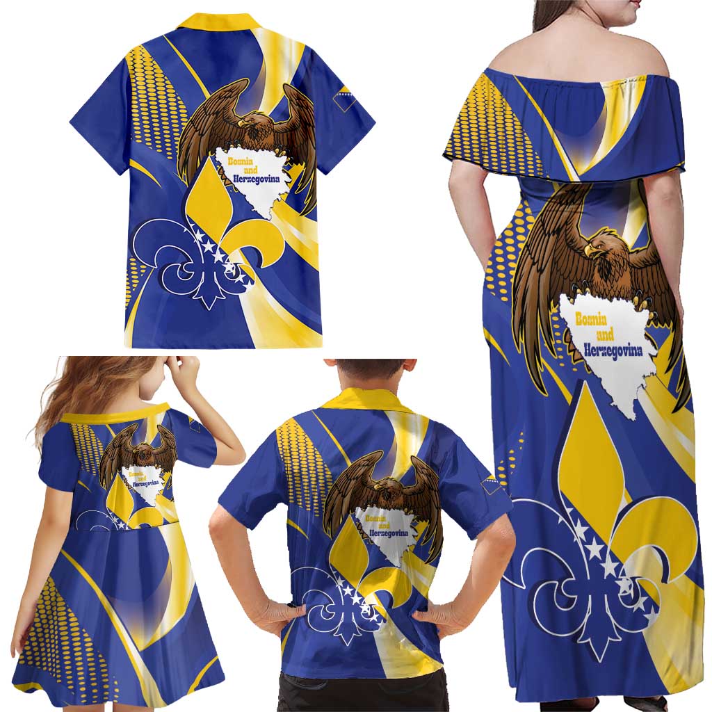 Bosnia and Herzegovina Independence Day Family Matching Off Shoulder Maxi Dress and Hawaiian Shirt Zlatni Ljiljan Map With Eagle Proud