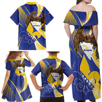 Bosnia and Herzegovina Independence Day Family Matching Off Shoulder Maxi Dress and Hawaiian Shirt Zlatni Ljiljan Map With Eagle Proud