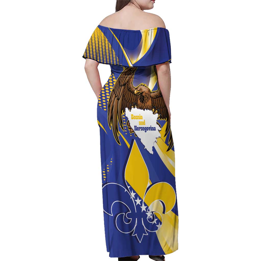 Bosnia and Herzegovina Independence Day Family Matching Off Shoulder Maxi Dress and Hawaiian Shirt Zlatni Ljiljan Map With Eagle Proud