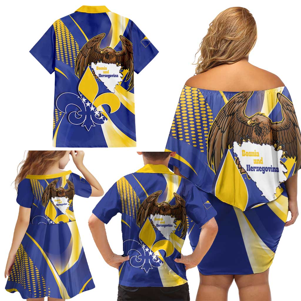 Bosnia and Herzegovina Independence Day Family Matching Off Shoulder Short Dress and Hawaiian Shirt Zlatni Ljiljan Map With Eagle Proud